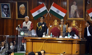 The Governor of Arunachal Pradesh Shri P.B. Acharya addressing the eleventh session of the Sixth Legislative Assembly at Arunachal Pradesh State Legislative Assembly, Naharlagun on 6th March2017. Also seen: Speaker of State Legislative Assembly, Er. T.N. Thongdok.